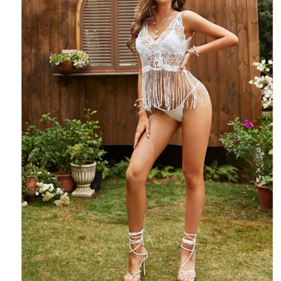 Cover up with guipure lace with bead hem with fringe without bikini ** - Picture 3 of 6